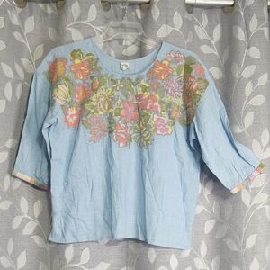 Ivy Jane Floral Embroidered Blue Cotton Top Blouse size S/M